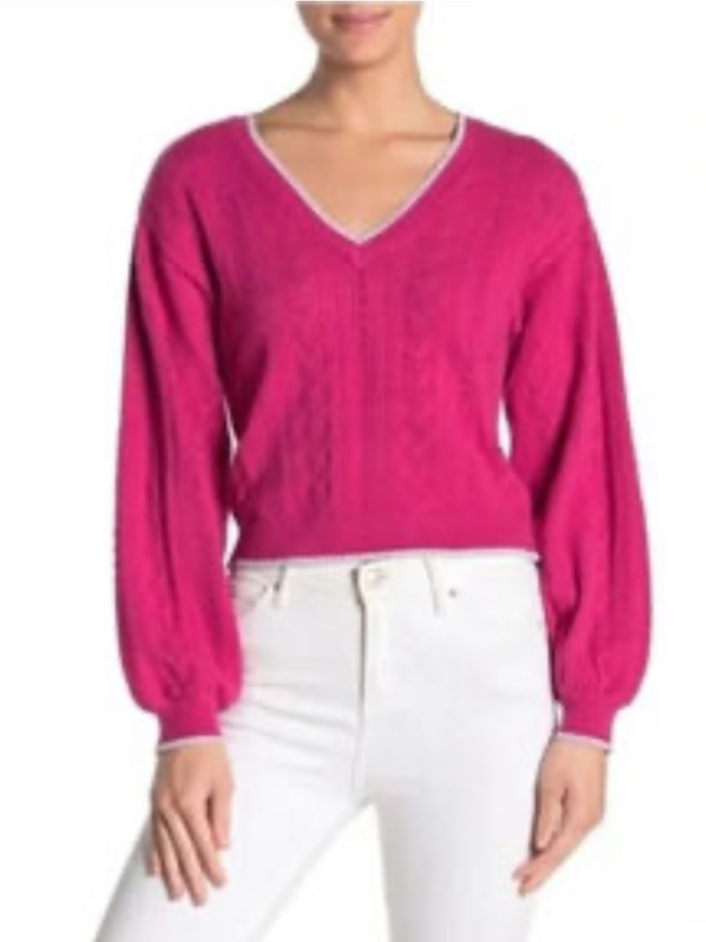 cupcakes & cashmere Carmine Pink V-Neck Cable Knit Sweater- NWT- retail 118